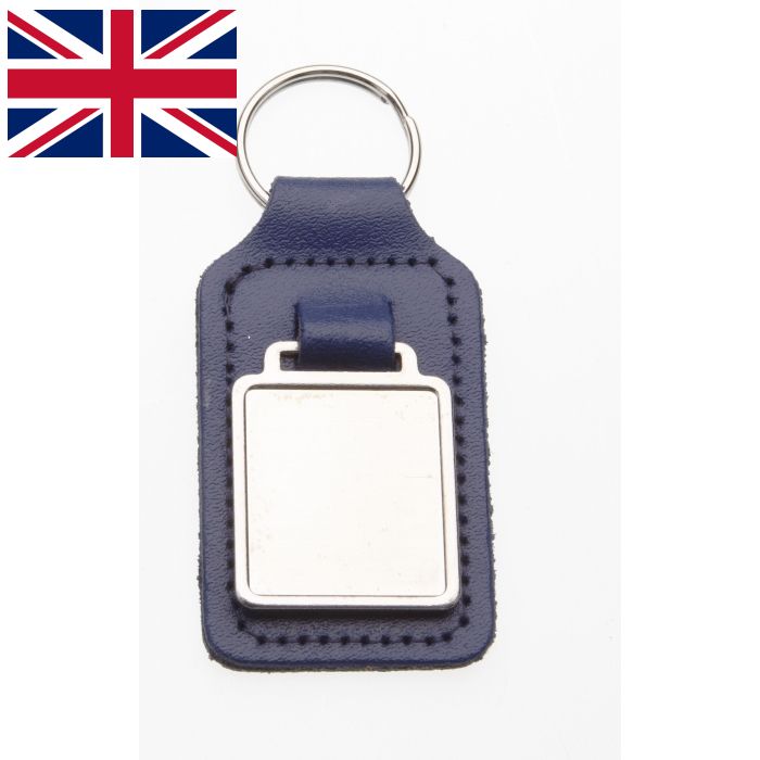 Blue Leather Keyring With 26 x 23mm Fob BRITISH MADE